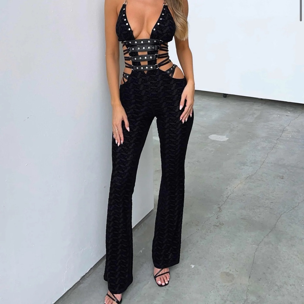 Studded Cutout Black Jumpsuit with Strappy Bodice